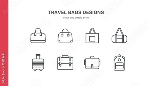 Travel Bag Icons: Luggage, Suitcases, Backpacks, Weekenders, Work Bags, Totes, Briefcases; Editable Vector Set for Vacation, Travel and Sport. Linear, Simple Designs. Women's, Men's, Unisex, Isolated. photo