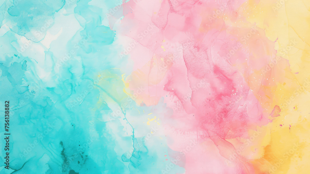 Turquoise, pink and lemon chiffon abstract watercolor background for graphic design, banner and template. Multicolor watercolor texture