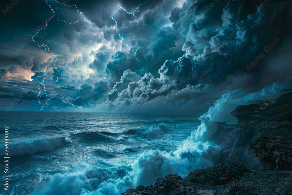 Stormy ocean, seascape with thunder and lightning - obrazy, fototapety, plakaty 