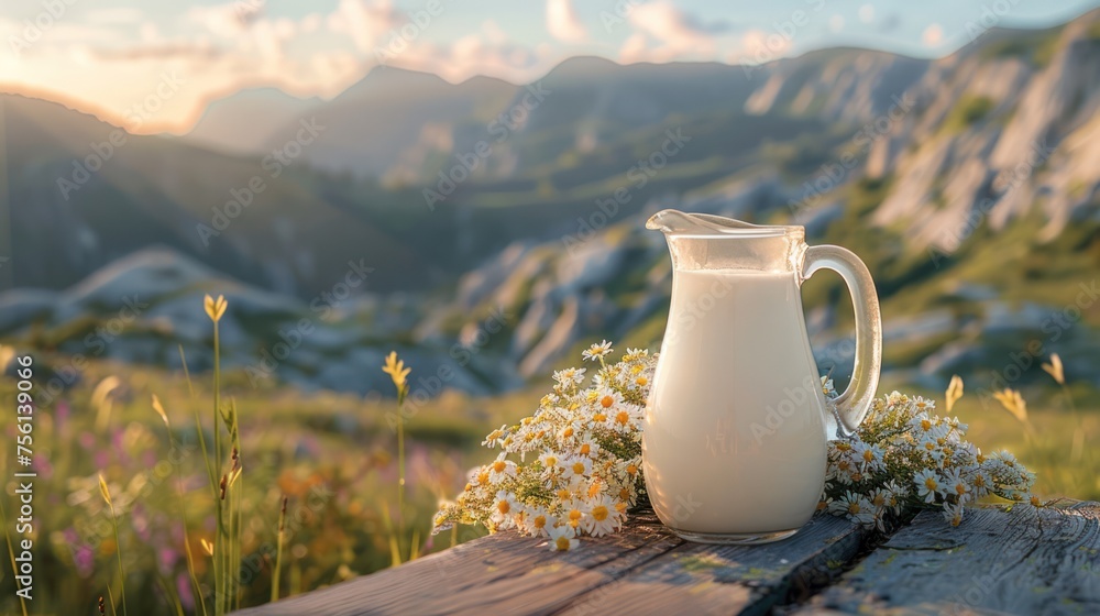 Glass jug filled with fresh milk Placed on a wooden table Against the backdrop of mountains with cliffs perched on top. Glass jug filled with fresh milk Placed on a wooden table Against the backdrop of mountains with cliffs perched on top.