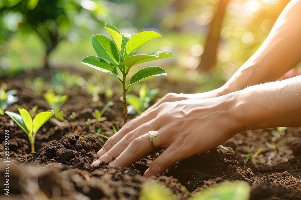 Fototapeta premium Environmentally friendly way of life People plant trees in community gardens