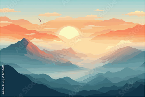 Sunset desert panoramic view with mountains, Mountain landscape at sunset vector illustration