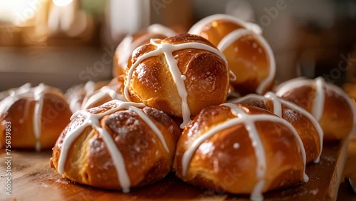 A closeup of freshly baked hot cross buns stacked high and adorned with icing crosses a classic and delicious Easter treat. photo