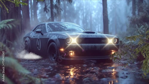 a sports car is running in the forest, seamless looping 4k time-lapse, animation video 