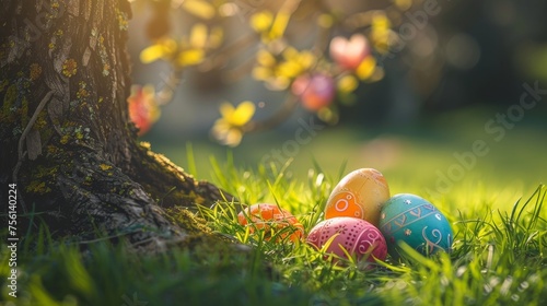 painted easter eggs laying on grass field under a tree. beautiful sunny weather. blurry wallpaper background 16:9