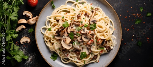 A plate of Chinese noodles with mushrooms and parsley, served on a table. This staple food dish is a delicious recipe made with al dente noodles