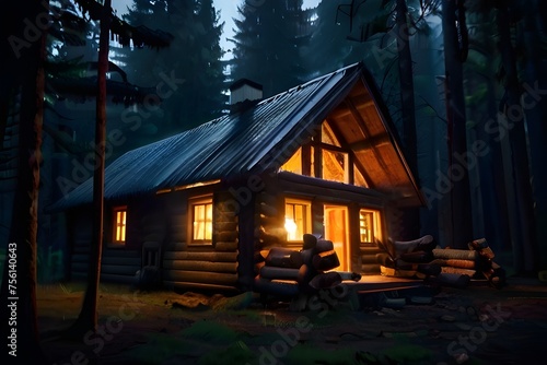 Deep Sleep with Heavy Rain and Fireplace Sounds Burnings in Cozy Old Cabin at Night Forest Generative AI © Fazal