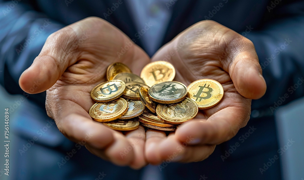 Businessman's hand holding bitcoin coins, online bitcoin coin marketing concept.
