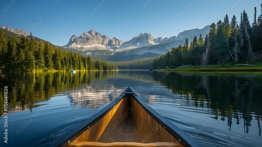 Tranquil Mountain Lake Canoe Adventure at Golden Hour