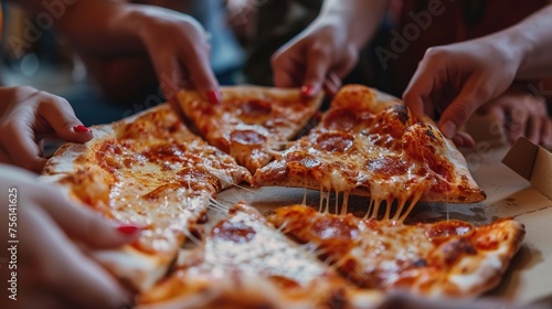 Several students' hands pull apart a slice of pizza in a restaurant.