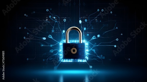 Photo Digital padlock for computing system on dark blue background security technolog 