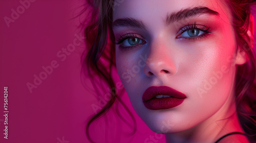 Closeup of a beautiful young woman with dark lipstick on a colorful background.