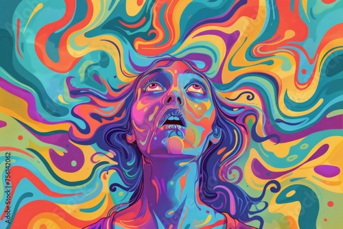 Illustration of Scared woman colorful surreal background design