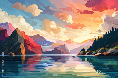 Sunset over the Lake and Mountains. Fjords National Park, Watercolor Painting, Colorful Art, Oil Painting Illustration Depicting a Sunny Day, Panoramic View