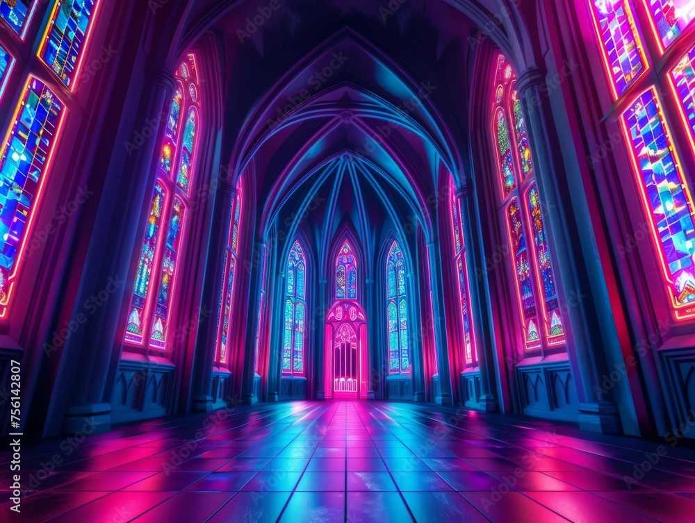Vibrant neon-lit gothic cathedral interior with colorful stained glass windows