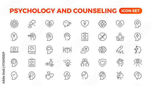 Psychology and mental line icons collection. Big UI icon set in a flat design. Thin outline icons pack.Set of positive thinking icon.be loved, healthy lifestyle, happiness, positive mindset.