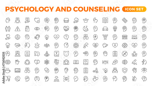 Psychology and mental line icons collection. Big UI icon set in a flat design. Thin outline icons pack.Set of positive thinking icon.be loved, healthy lifestyle, happiness, positive mindset.