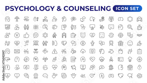 Psychology and mental line icons collection. Big UI icon set in a flat design. Thin outline icons pack.Set of positive thinking icon.be loved, healthy lifestyle, happiness, positive mindset. photo
