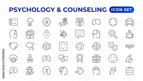 Psychology and mental line icons collection. Big UI icon set in a flat design. Thin outline icons pack.Set of positive thinking icon.be loved, healthy lifestyle, happiness, positive mindset.