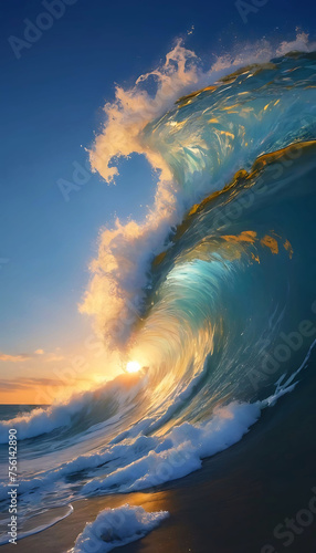 golden sea waves with sun shine and blue sky