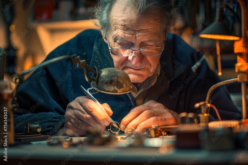 A spectacles repairman fixing a pair of eyeglasses showcasing eyeglass repair skills - obrazy, fototapety, plakaty 