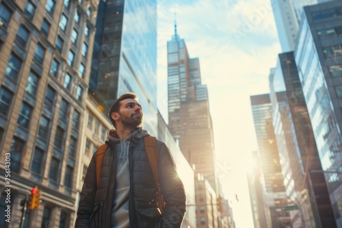 A lifestyle image of a young entrepreneur walking through a city street with skyscrapers in the background.