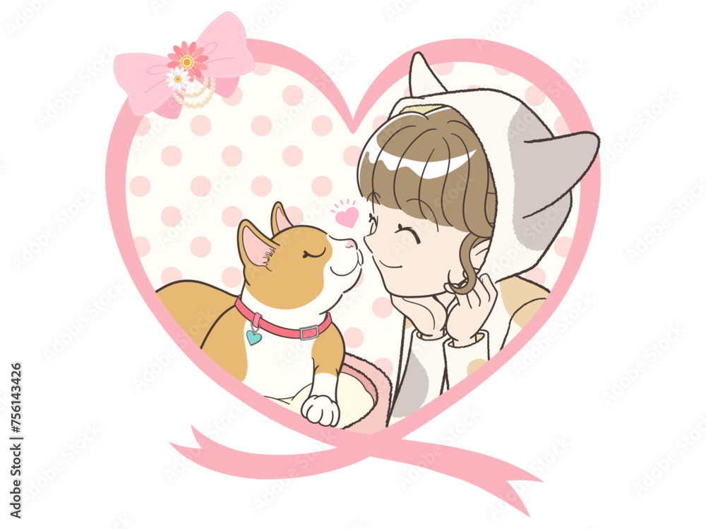 Obraz premium ラブラブな猫と飼い主女性のハートリボンフレーム【文字なし】