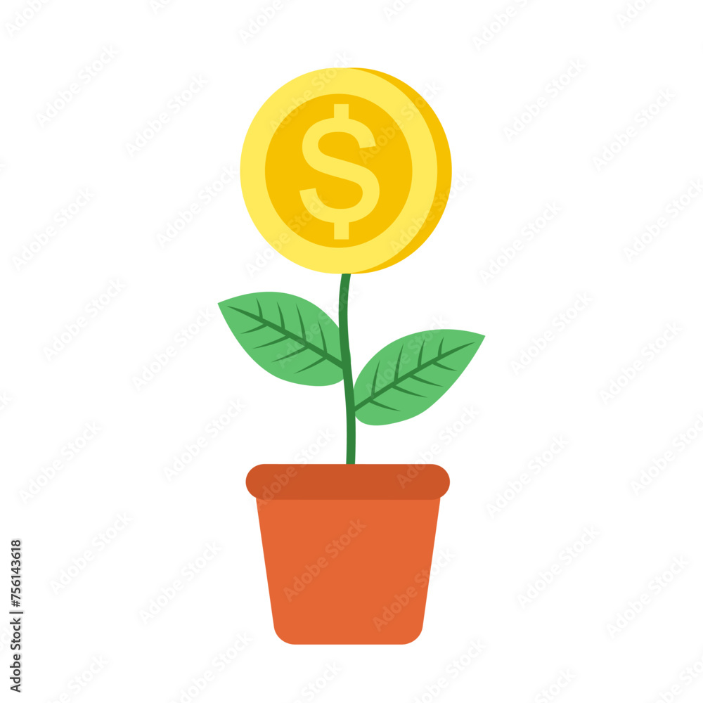 Money tree growing in flower pot in flat design on white background. Money plant. Investment. Money tree growing in flower pot in flat design on white background. Money plant. Investment.