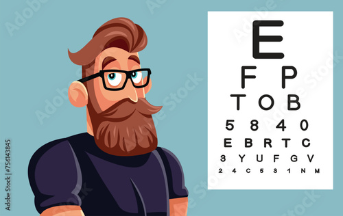 Adult Man Having his Eyes Checked at the Clinic Vector Character. Male patient wearing prescription reading eyeglasses for myopia 
