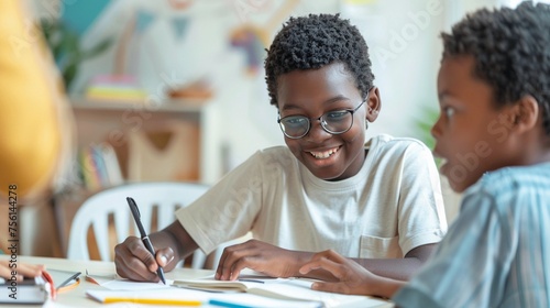 Collaborative Writing, moment of collaboration as the boy works on his book with a friend or family member at the table, generative AI