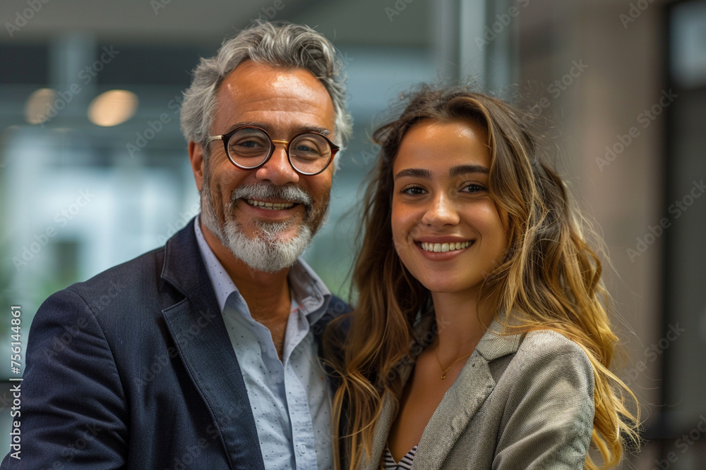 Professional business couple, exuding confidence, smiles at the camera in their office, showcasing a harmonious blend of competence and warmth. Professional business couple, exuding confidence, smiles at the camera in their office, showcasing a harmonious blend of competence and warmth.