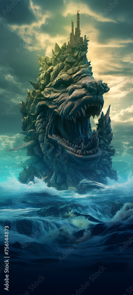 The sea monster asks for sacrifice at the edge of the cliff, ai generative The sea monster asks for sacrifice at the edge of the cliff, ai generative