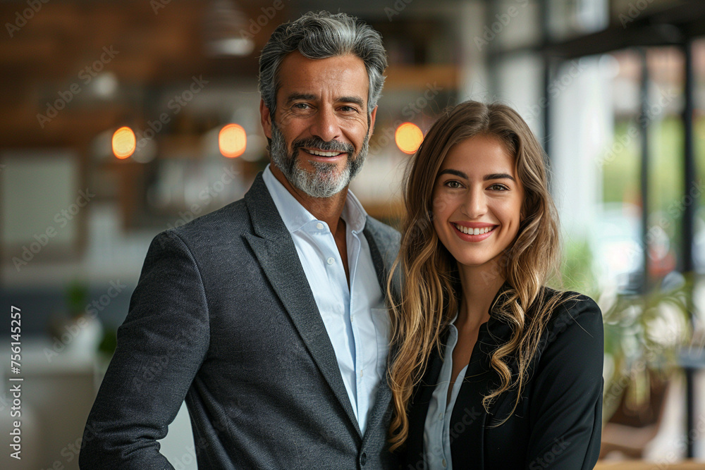 Professional business couple, exuding confidence, smiles at the camera in their office, showcasing a harmonious blend of competence and warmth. Professional business couple, exuding confidence, smiles at the camera in their office, showcasing a harmonious blend of competence and warmth.