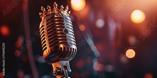 Retro microphone with golden crown on stage background. photo