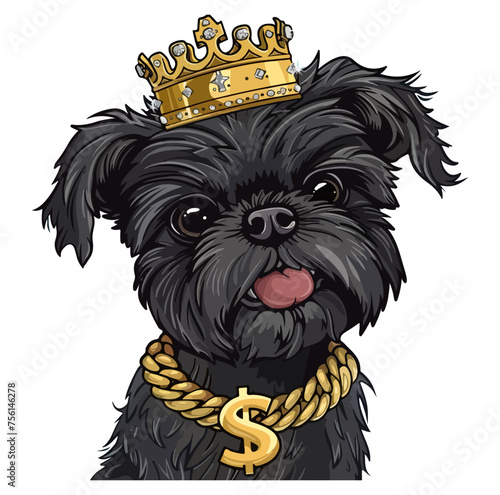 Affenpinscher dog wearing a kings crown with a golden chain bling necklace encrusted dollar sign vector illustration