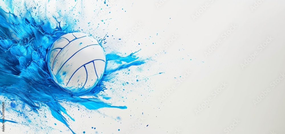 White volley ball with blue splashing in white copy space background White volley ball with blue splashing in white copy space background