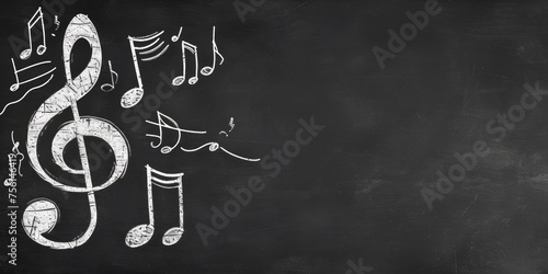 Chalkboard with musical notes , A chalkboard covered in musical notes and symbols, displaying a variety of melodies and rhythms.