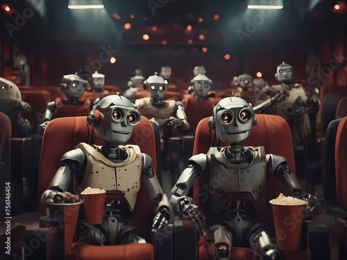Robots sitting in cinema and watching a movie. Many cyborgs eating popcorn in theatre. Futuristic world