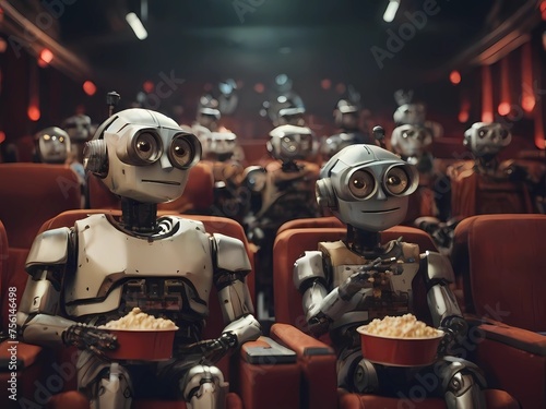 Robots sitting in cinema and watching a movie. Many cyborgs eating popcorn in theatre. Futuristic world