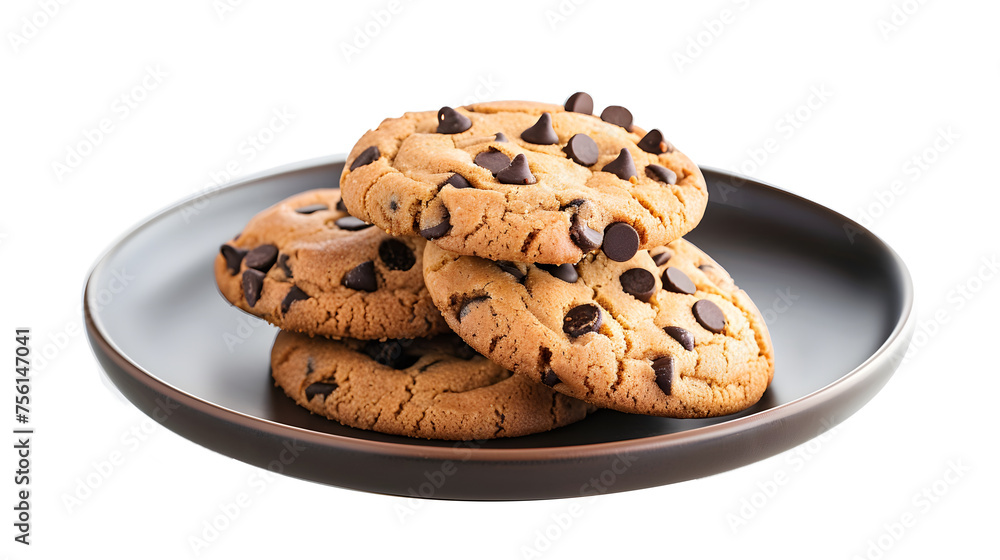 American chocolate chips cookie bundle (single and on plate) isolated on white background, food collection, png