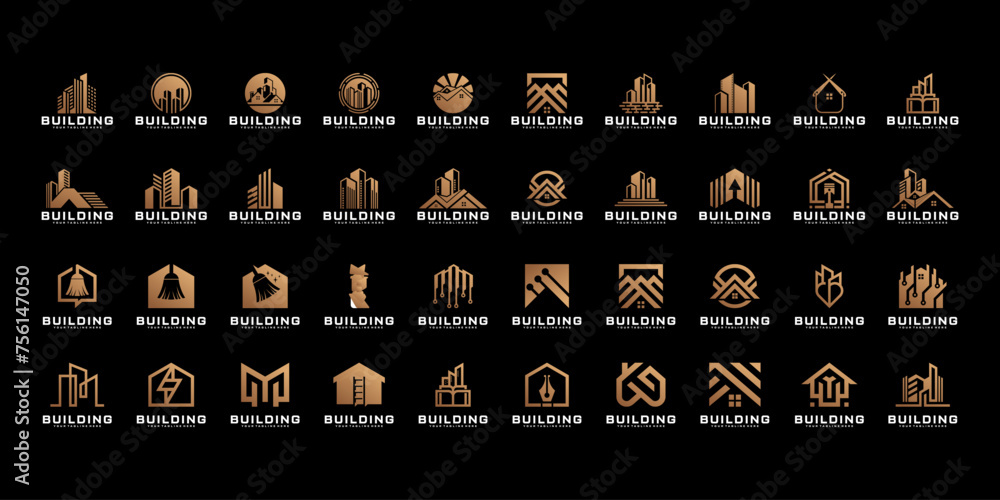 collection of building logo designs, home architecture, offices, roofs, houses and real estate