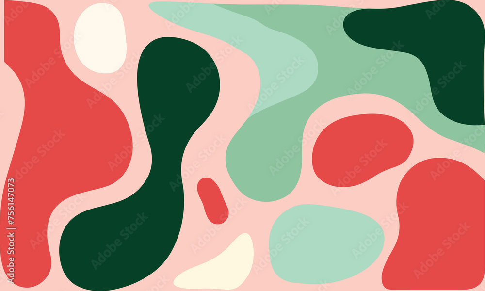 Abstract Shapes in Green, Red and Pink Vector Illustration Beige Background, With a Simple Flat Design and Minimalist Style Using 2D Flat Colors With a White Border and White Background