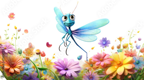 Playful 3D Cartoon Dragonfly with Intricate Wings Vector Illustration on Transparent Background PNG