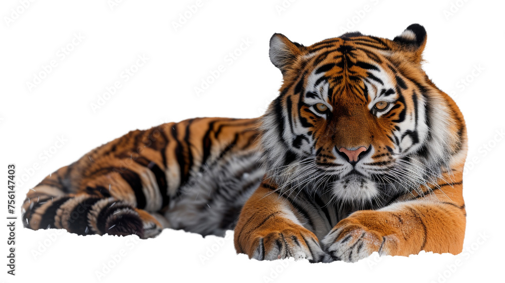 Close-up portrait of a tiger lounging while making direct eye contact, emphasizing its intense stare