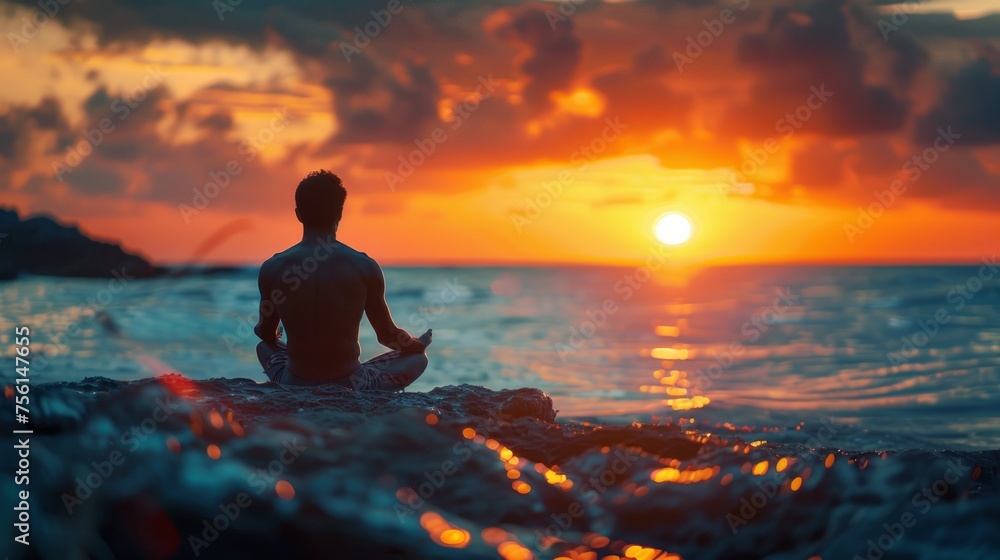 Man meditating on a rocky beach at sunset