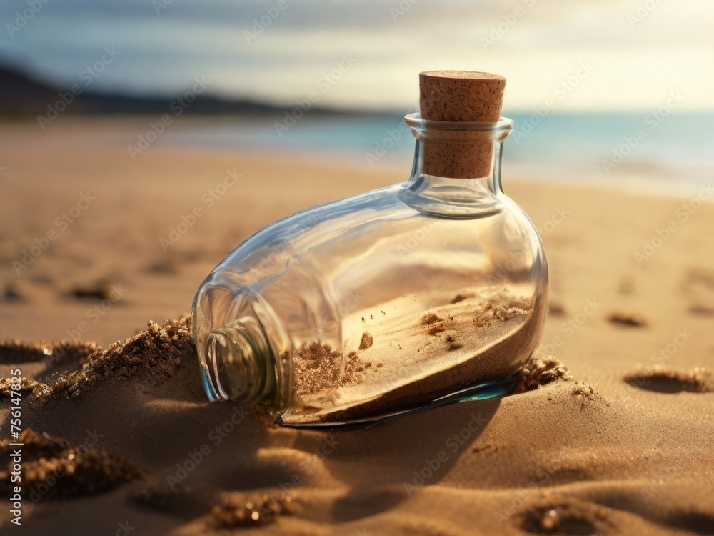 A cryptic message in a bottle rests on the sandy beach A cryptic message in a bottle rests on the sandy beach