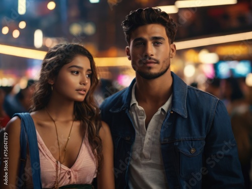 A happy couple dressed in stylish clothes enjoys a night out on the city streets