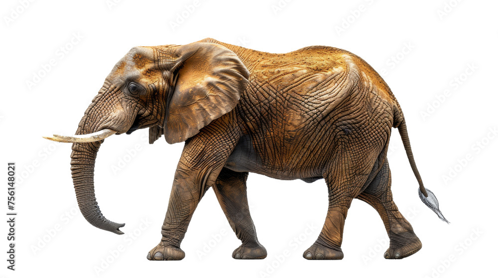 Full profile view of an African elephant mid-stride, showcasing the rich textured skin and tusks, isolated with precision