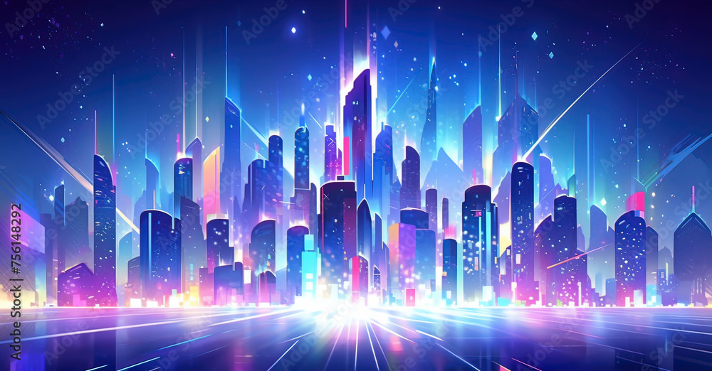 A retro futuristic cityscape with towering skyscrapers bathed in neon lights, Generative ai.