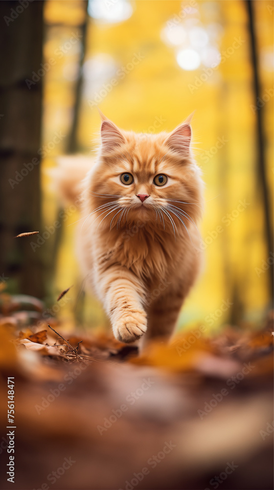 Obraz premium an orange cat walking through the woods. ai generated.